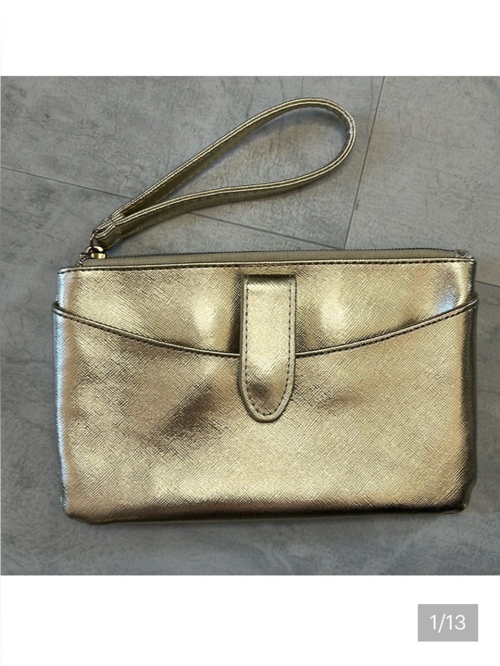 Boutique Gold metallic  Saffiano leather wristlet  unique front pocket  cardhold